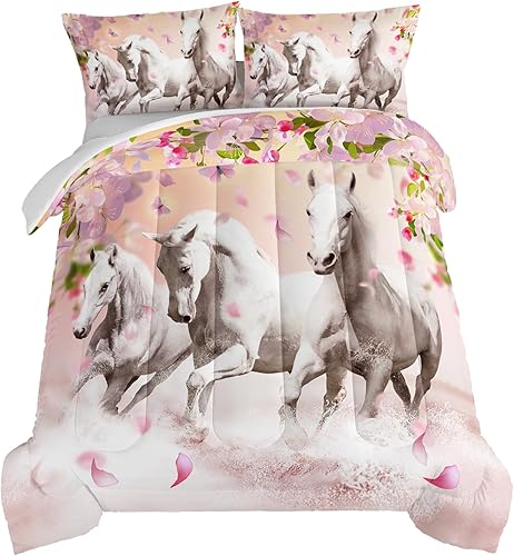 HOSIMA Juego de ropa de cama para niñas con temática de caballos, juego de edredón estampado de flores de cerezo rosa con 2 fundas de almohada,
