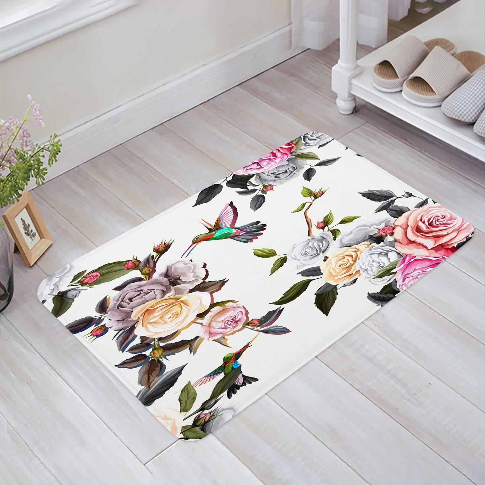 Non-Slip Doormat with Rubber Backing Indoor Front Entry Rugs Birds Colorful Boho Flower Leaves Hummingbird Vintage Watercolor Romantic Rose Peony Welcome Door Mats for Floor Entryway 16X24Inch