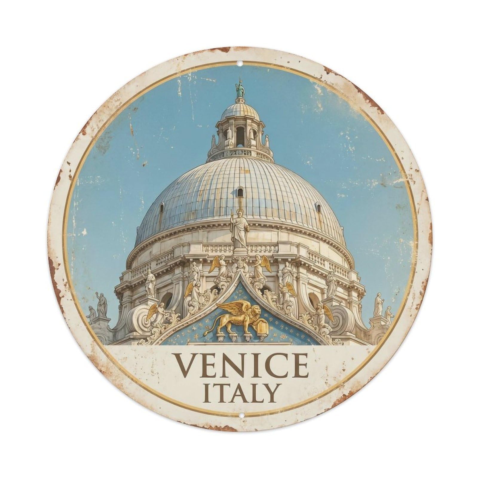 Venezia Cathedral Basilica Dome Romantic Italian Tourism Metal Tin Sign Plaque Wall Decor for Cafe, Man Cave, Club Bar, Office, Home Garden Round Metal Poster 8x8Inch