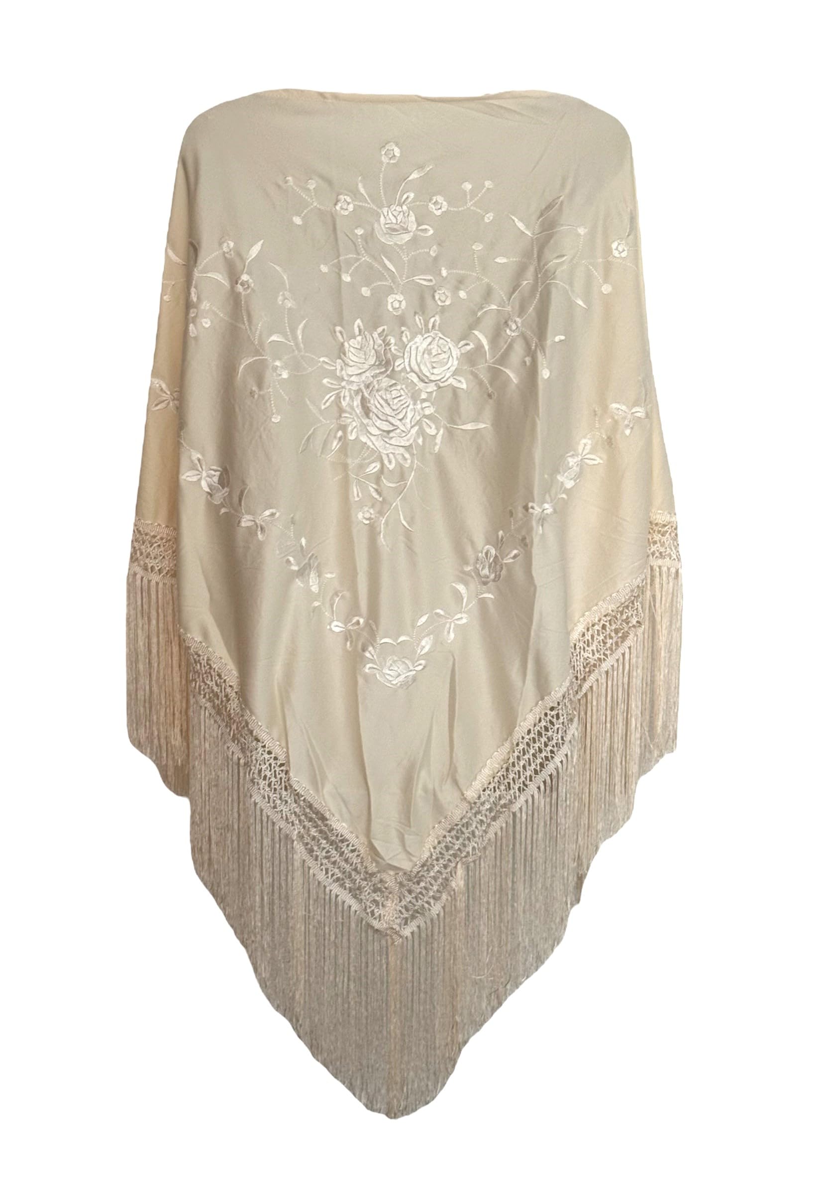 Chal bordado triangular con flecos 150/100/20, blanco sucio, M
