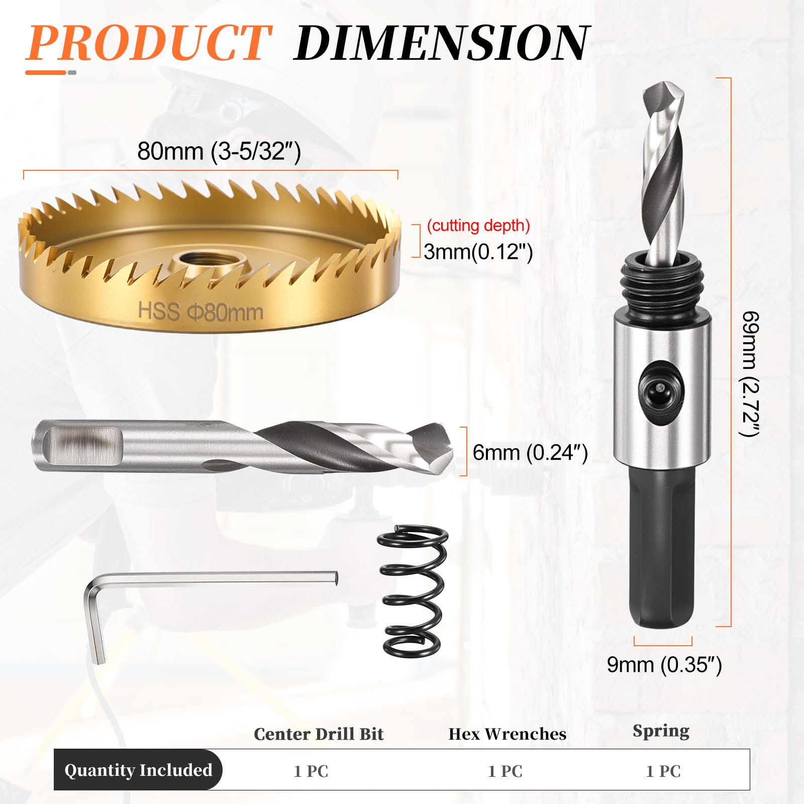 METALLIXITY Hole Saw 80mm (3-5/32"), 4341 High Speed Steel Hole Cutter with Center Drill Bit, Hex Key and Spring - Image 2