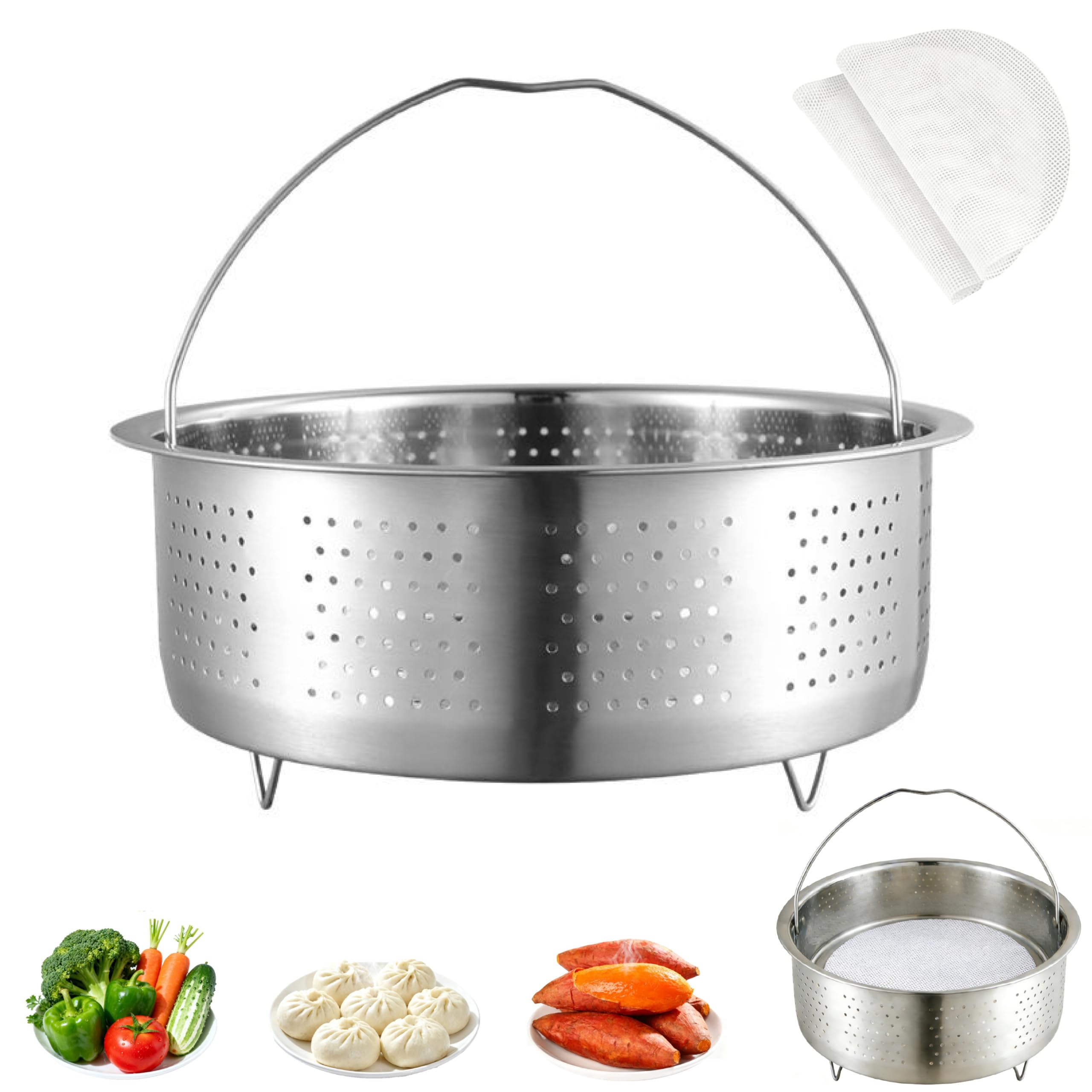 Vaporera de acero inoxidable 304 para ollas, 17,5 cm, ideal como colador para ollas y ollas a presión, para cocinar al vapor de verduras, frutas, huevos (plateado)