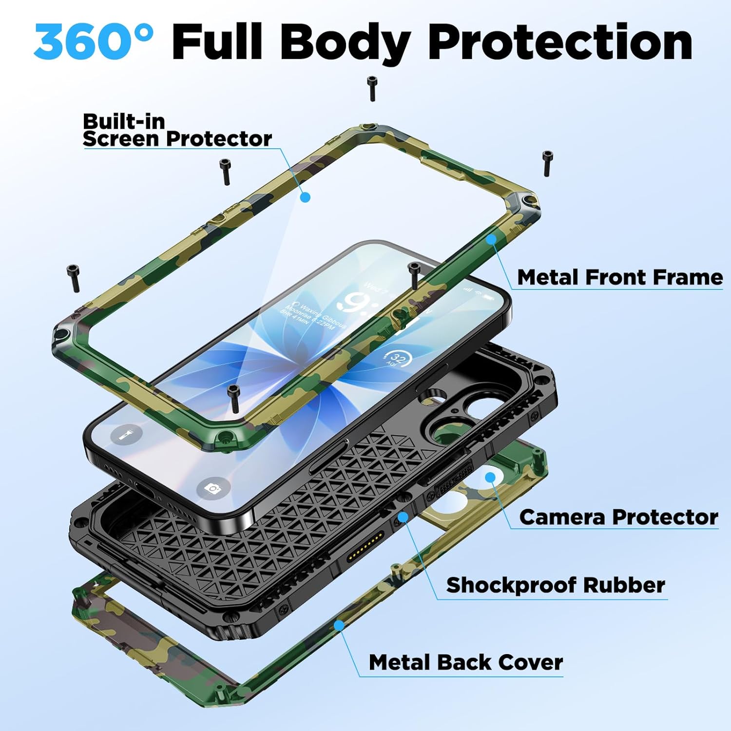 Beasyjoy for iPhone 17 Case Waterproof, Heavy Duty Metal Full Body Protection, Built-in Screen Protector, Military Grade Shockproof Dustproof Rugged Cover for iPhone 17 6.3 inch, Camo
