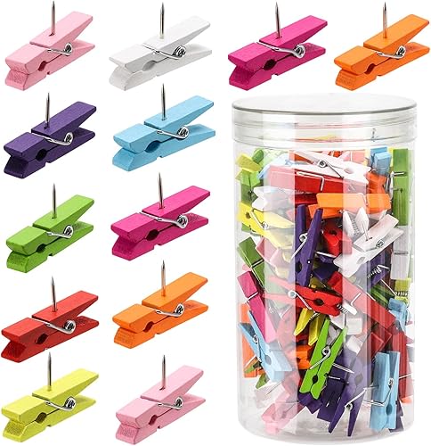 120 alfileres de empuje con clips de madera, tachuelas decorativas, chinchetas para tablero de corcho, tablón de anuncios, notas de obras de arte,