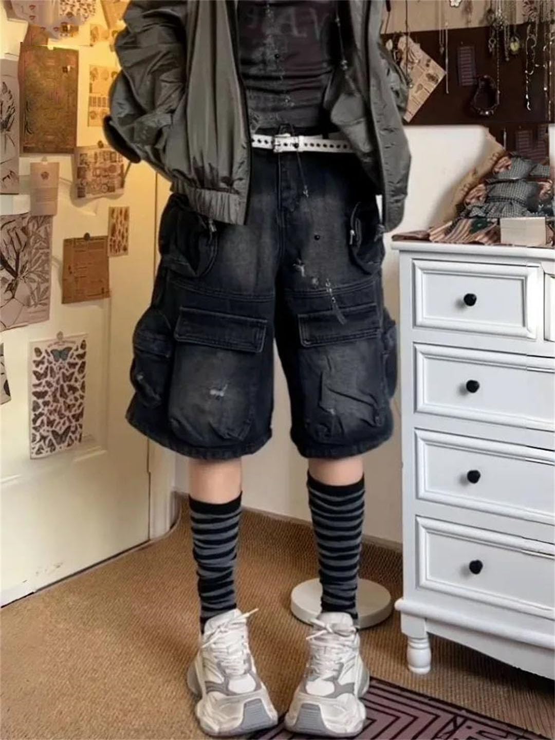 Damskie dżinsy Harajuku w stylu vintage, luźne, sprane, kieszenie, punkowe, workowate, dżinsowe szorty, Czarny, M