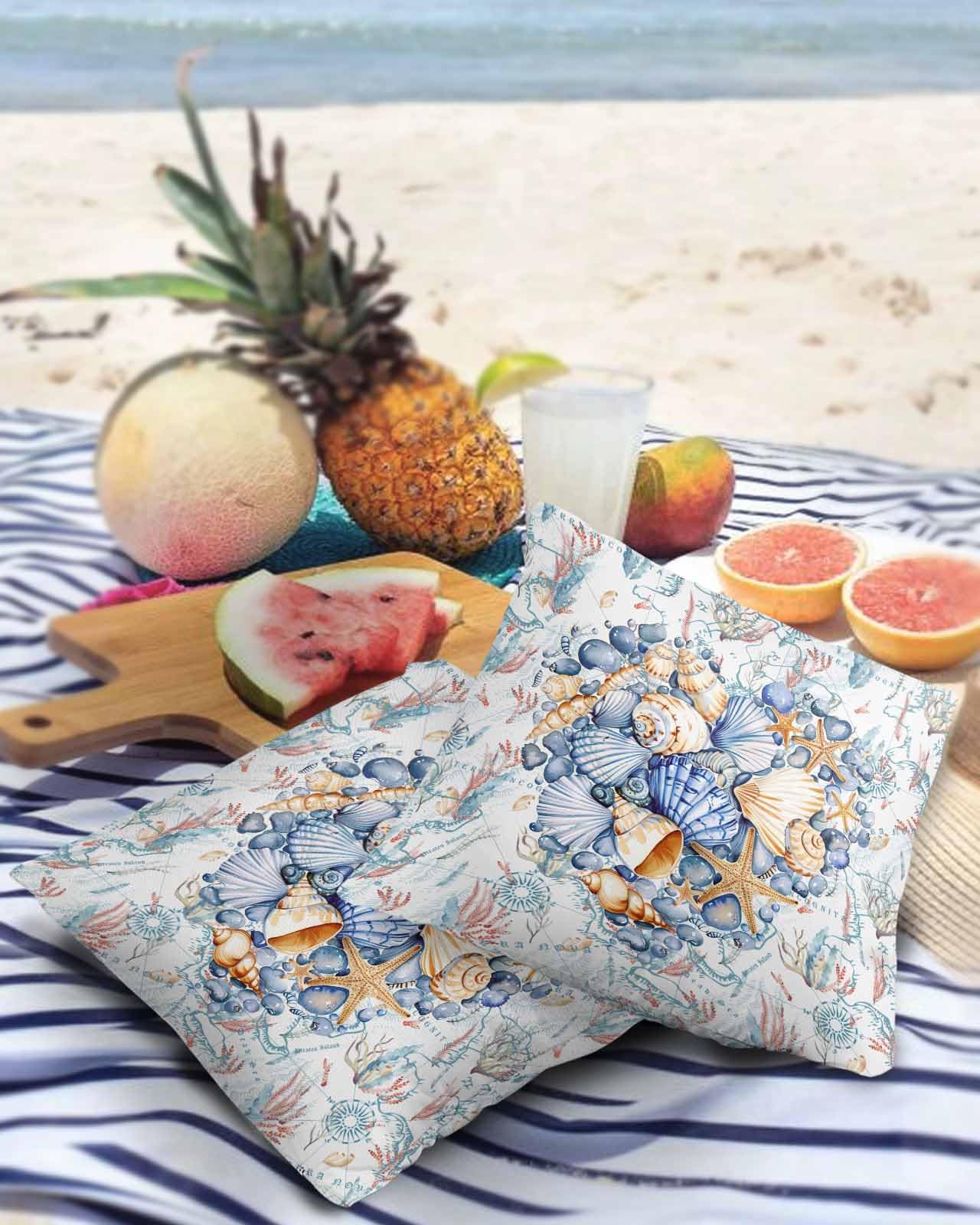 Blue Coastal Shell Outdoor Pillow Covers Waterproof,All Weather Cushion Case Set of 2 Decorative Pillowcases for Sofa Couch Bed Decor Patio Furniture 20