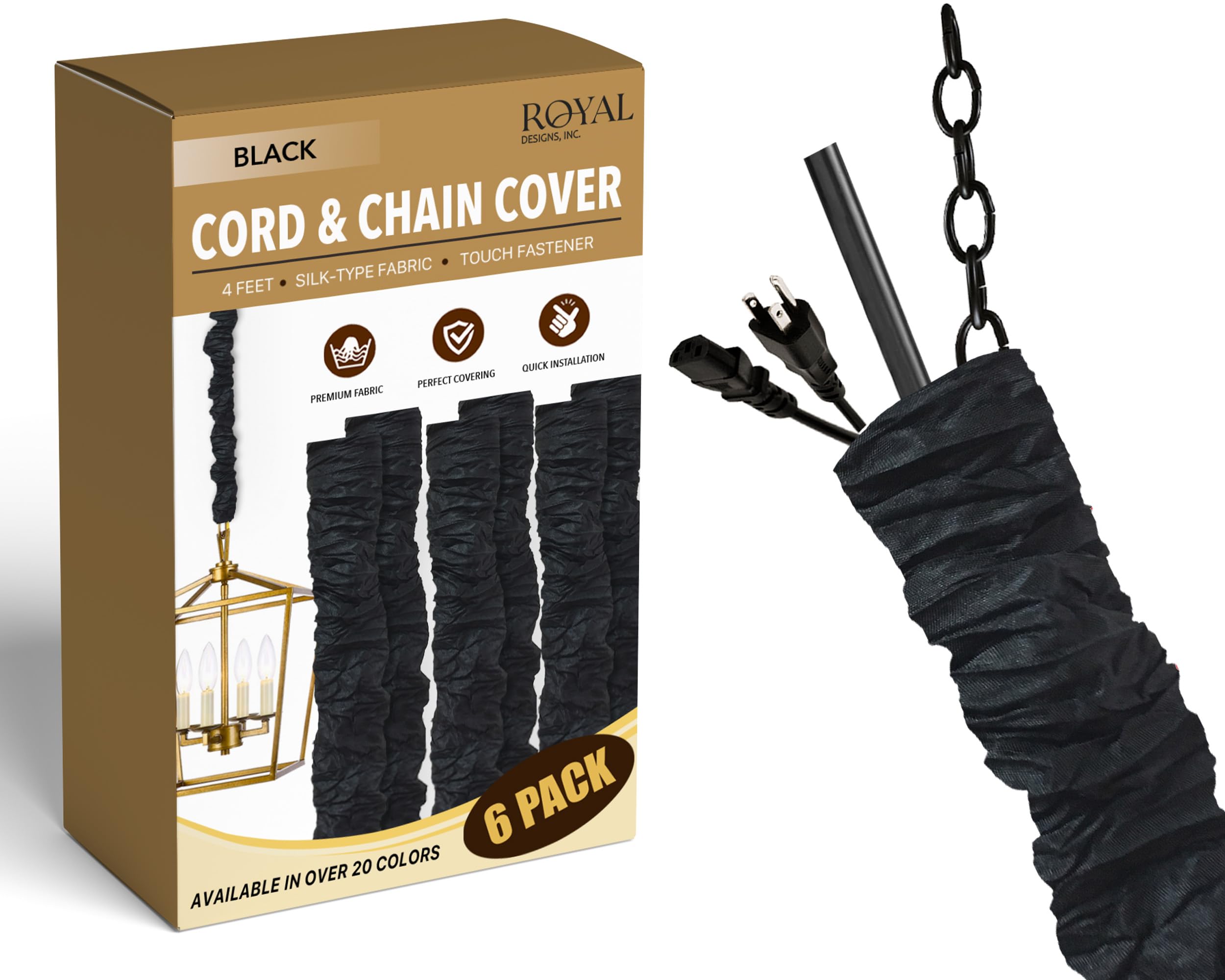 Royal Designs, Inc. Cord &amp; Chain Cover 4 ft Silk Type Fabric, Chandelier Pendant Lighting Chain &amp; Cable Management, Touch Fastener, Black - 6 Pack