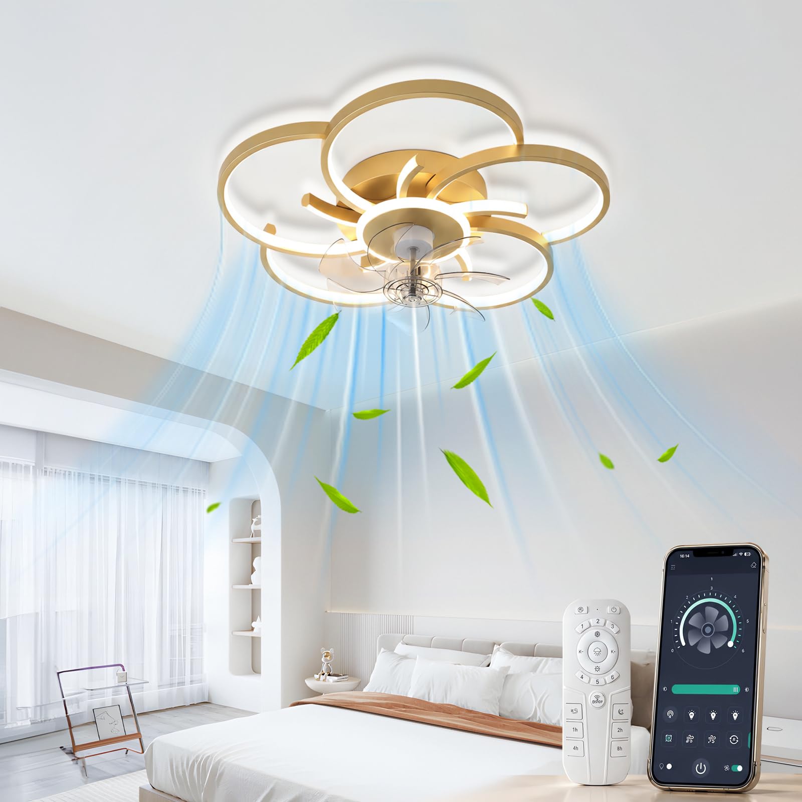 37W Kreis LED Deckenleuchte mit Ventilator, Moderne Dimmbare Deckenventilatoren, 6-Speed Lampe mit Ventilator Mit Fernbedienung App Timer Leiser für Schlafzimmer Esszimmer Büro (Gold)