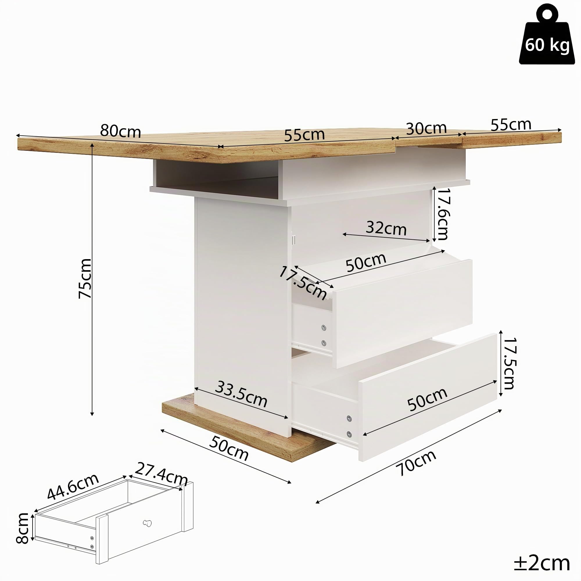 Soweiz Mesa de comedor telescópica (110-140 x 80 cm), mesa de cocina plegable para 4-6 personas, mesa de comedor extensible con tres estantes, ahorra espacio, para cocina y salón (blanco)