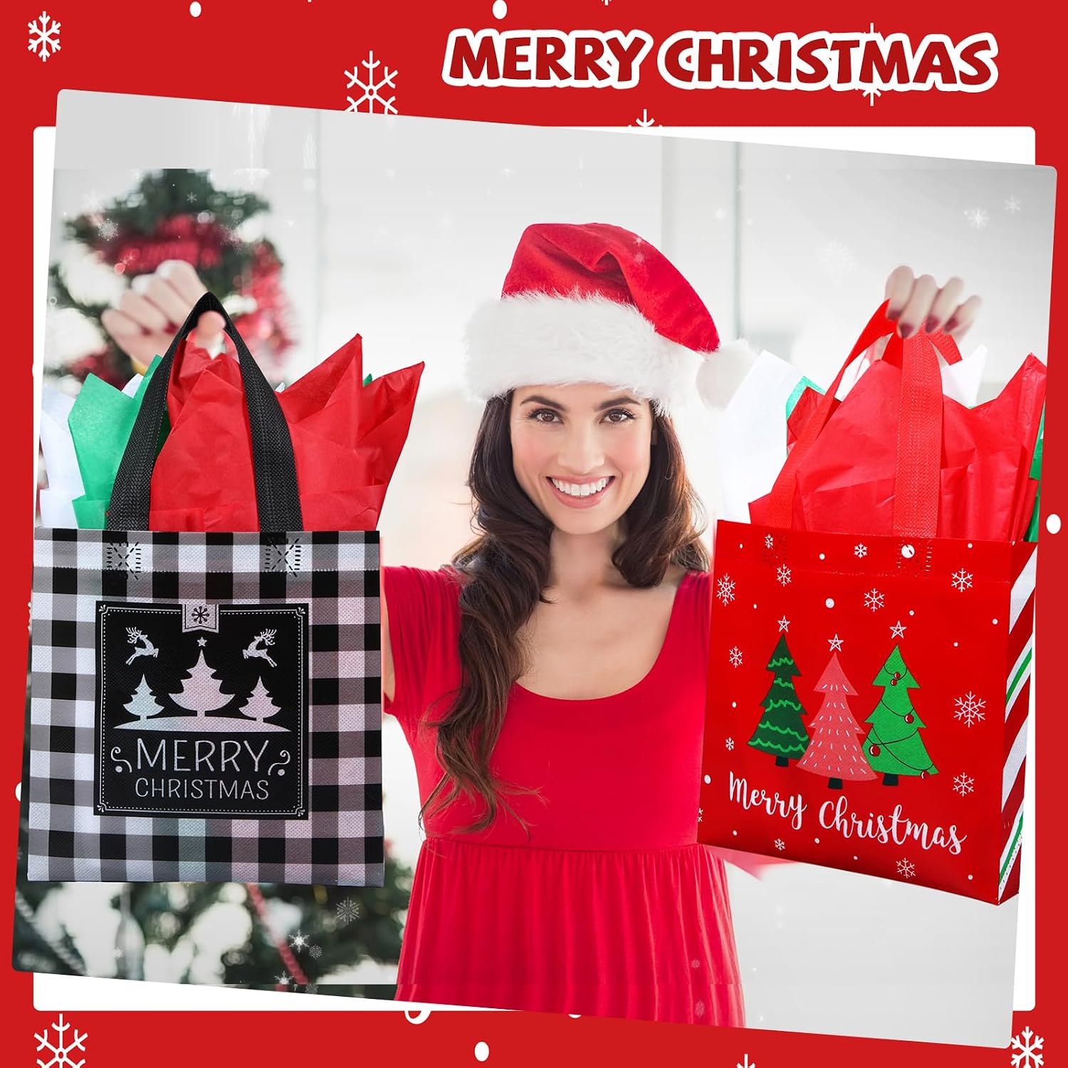 Wesnoy 30 Pack Christmas Reusable Gift Bags Non Woven Tote Bulk with Handles Goodie Shopping Bags with Tissue Paper for Party Favors