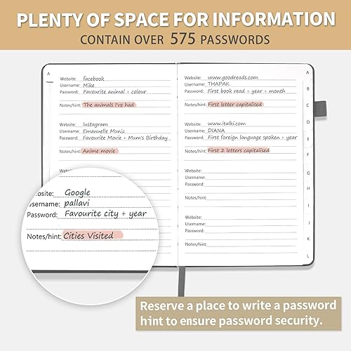 Miniatura 4 de Libro de contraseñas con pestañas alfabéticas, protector de contraseñas de tapa dura, organizador de cuadernos de contraseñas para computadora y