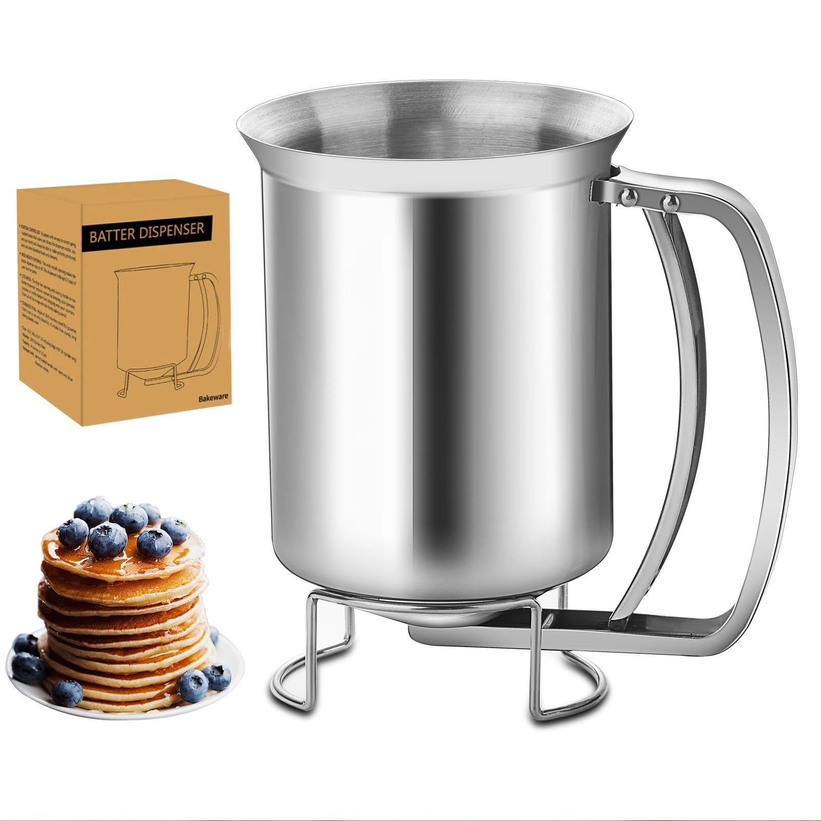 Batter Separator 680ML, MKNZOME Stainless Steel Pancake Dispenser with Stand Whipped Cream Dispensers Cupcakes Pancakes Cookie Cake Waffles Batter Dispenser Kitchen Baking Tool