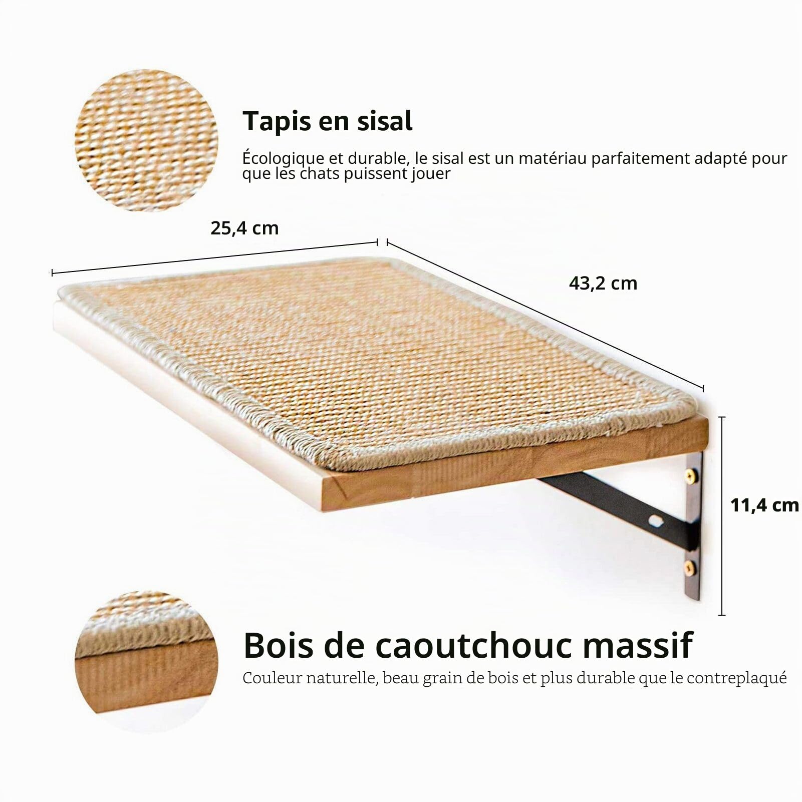 FUKUMARU Étagère Murale Flottante avec Tapis Griffoir pour Chat, 2,9 cm d'épaisseur, Étagères Suspendues en Bois d'hévéa Massif, 39,7 x 25,4 cm