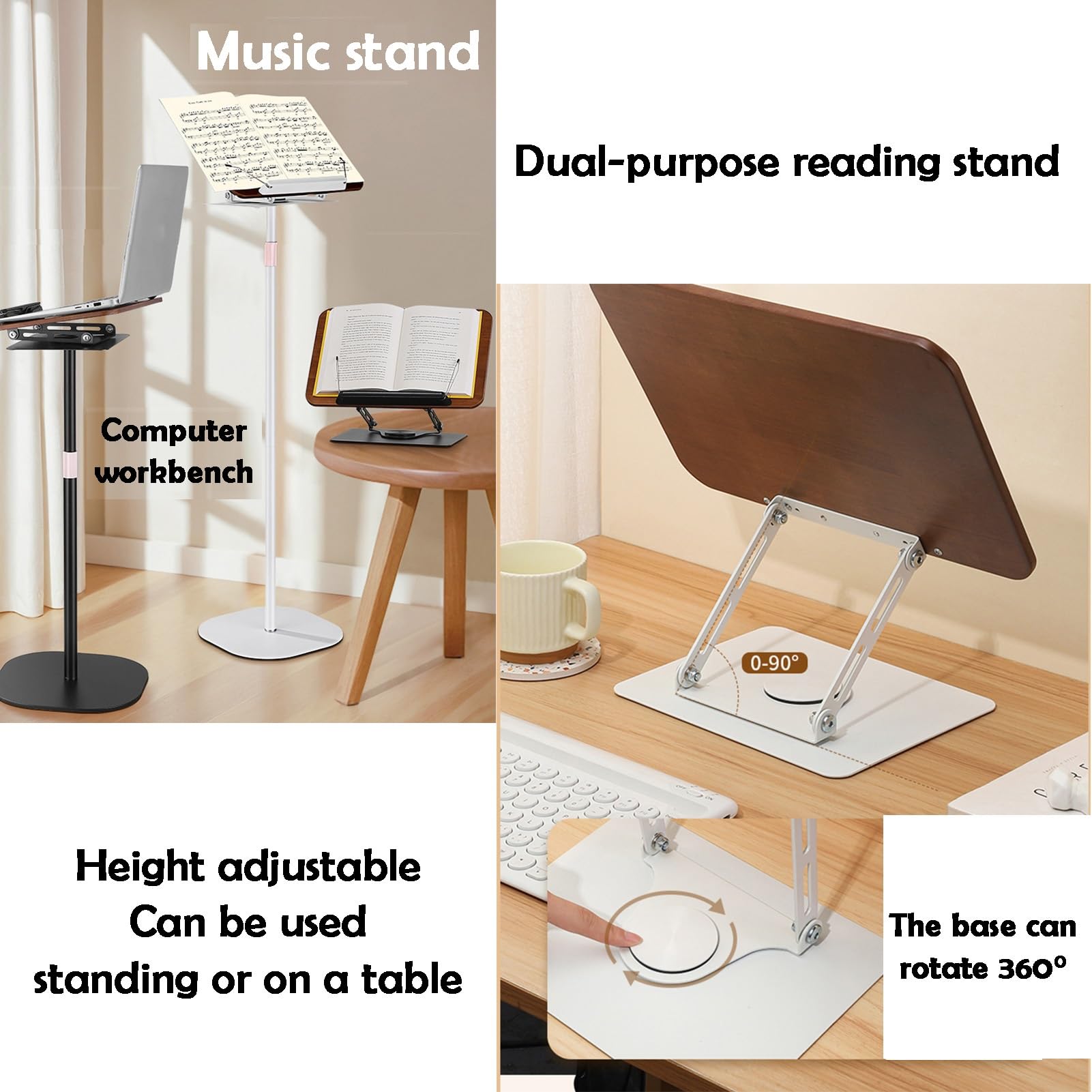 Supporto per lettura libri staccabile, altezza regolabile, 2 in 1, supporto per laptop a doppio uso per ufficio, sala musica, casa, scuola