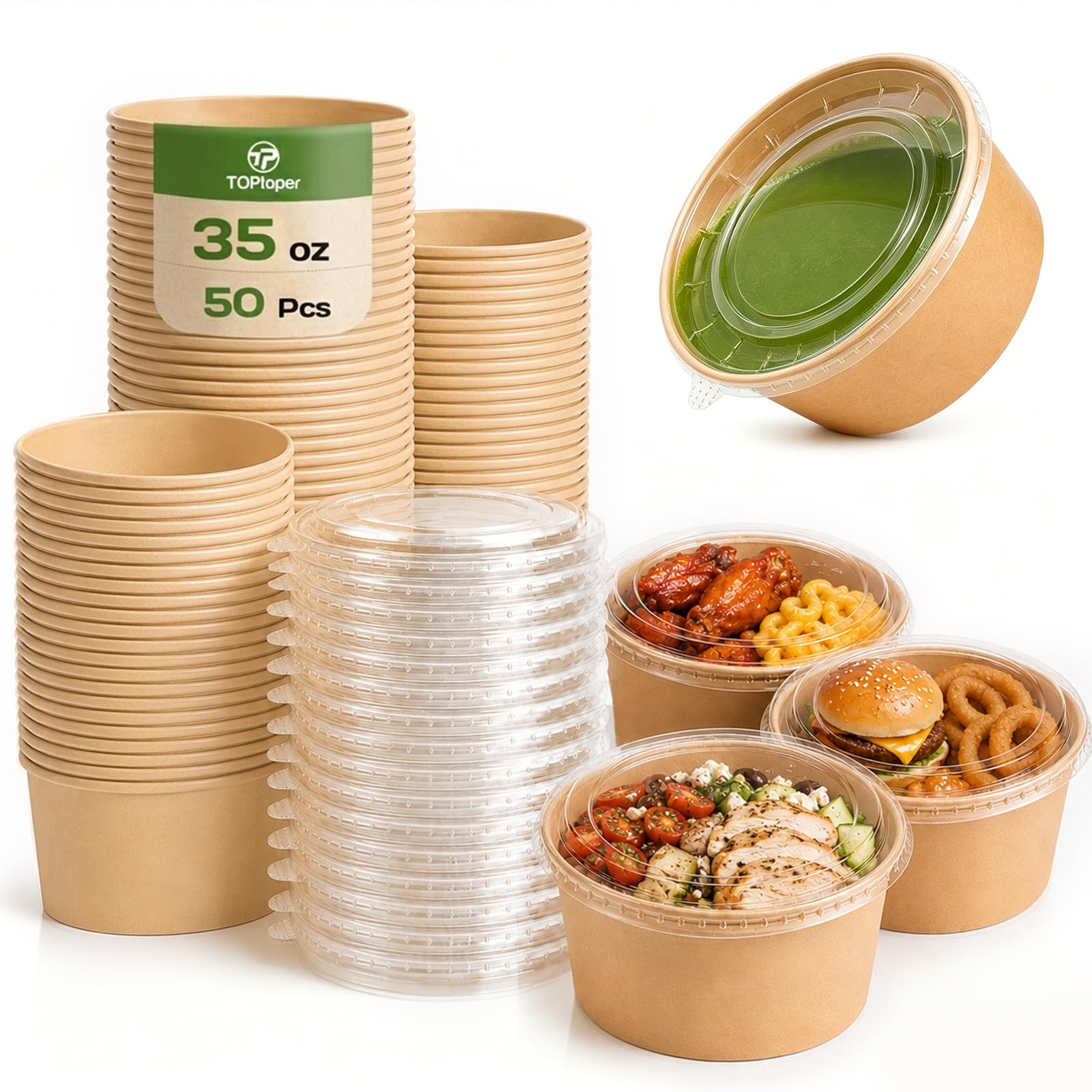 TOPtoper 50 Pack 35 Oz Large Paper Bowls with Lids, Heavy Duty Paper Bowls for Party