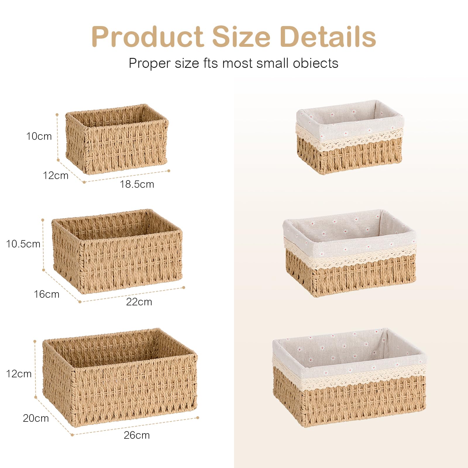 FoiiLiio Panier Rangement, Lot de 3 Paniers de Rangement Tressés, Paniers et boîtes de Rangement, Corbeille Rangement pour Salle de Bain, Cuisine, Organisateur Table a Langer Bebe (Beige)
