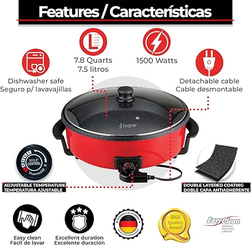 Miniatura 2 de BOGNER Electric Round Frying Pan with Non-Stick Coating and Glass Lid Large Size 42cm Diameter 7.5L Capacity Easy to Clean and Use Features