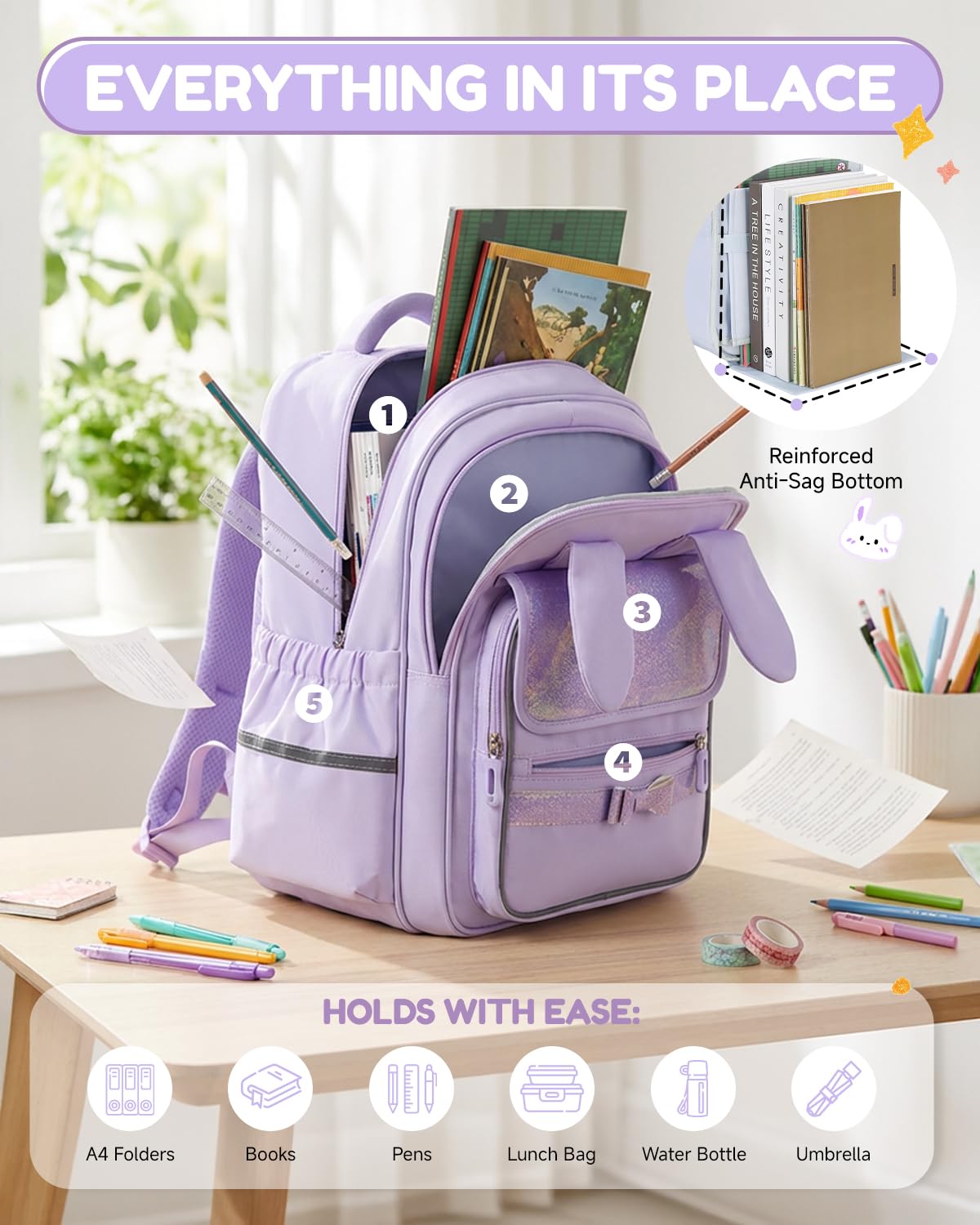 Amythe Schulranzen für Mädchen 1. - 3. Klasse - Leichter Schulrucksack mit reflektierenden Streifen, Wasserabweisend & Ergonomisch - Perfekt für Grundschüler 7-10 Jahre, Lila