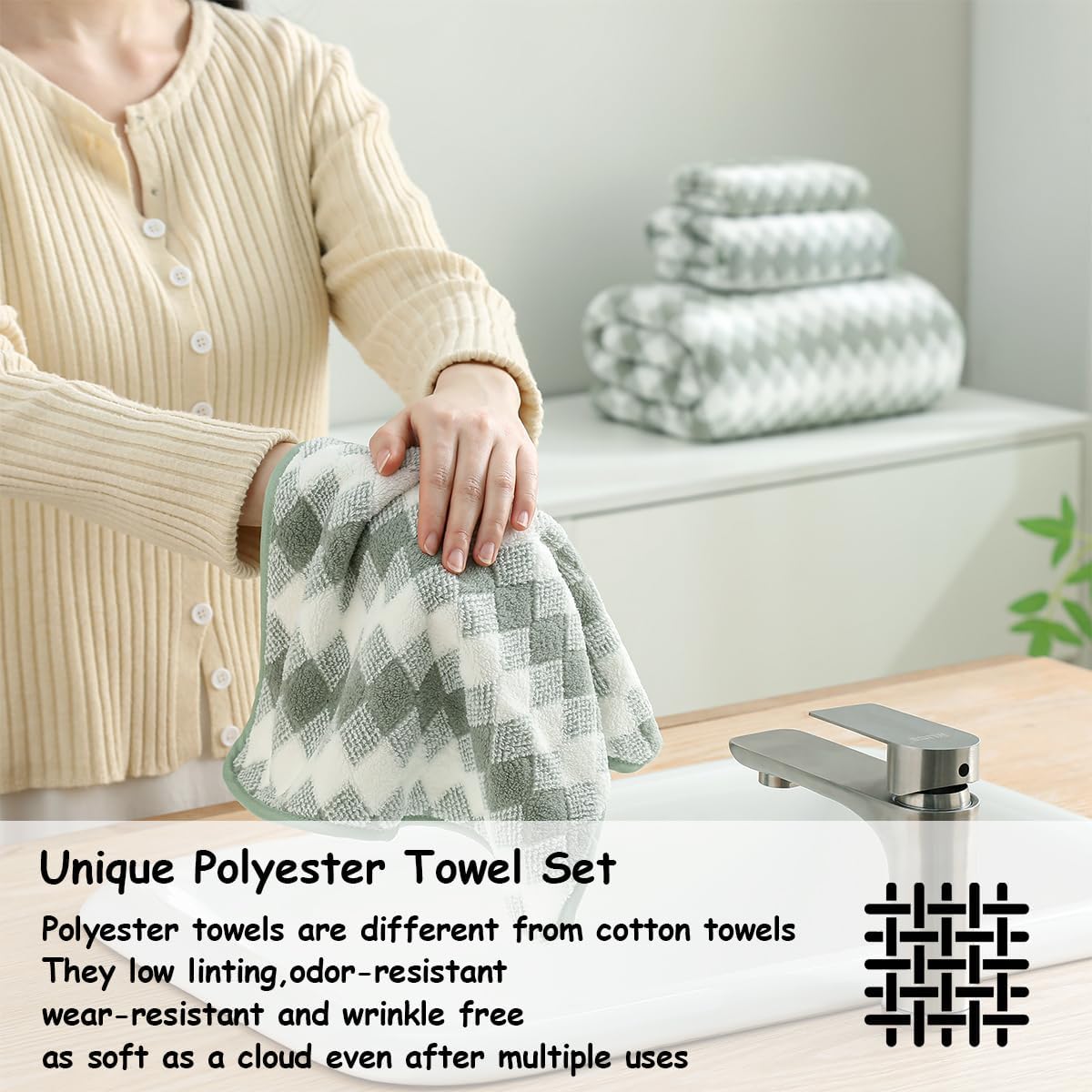 12 Pcs Green White Diamond Towel Set-4 Bath Towels,4 Hand Towels,4 Washcloths Soft Polyester Towels with Loop Absorbent Shower Towel Quick Dry Beach Chair Towel Family Towels for Bathroom Spa Gym Pool