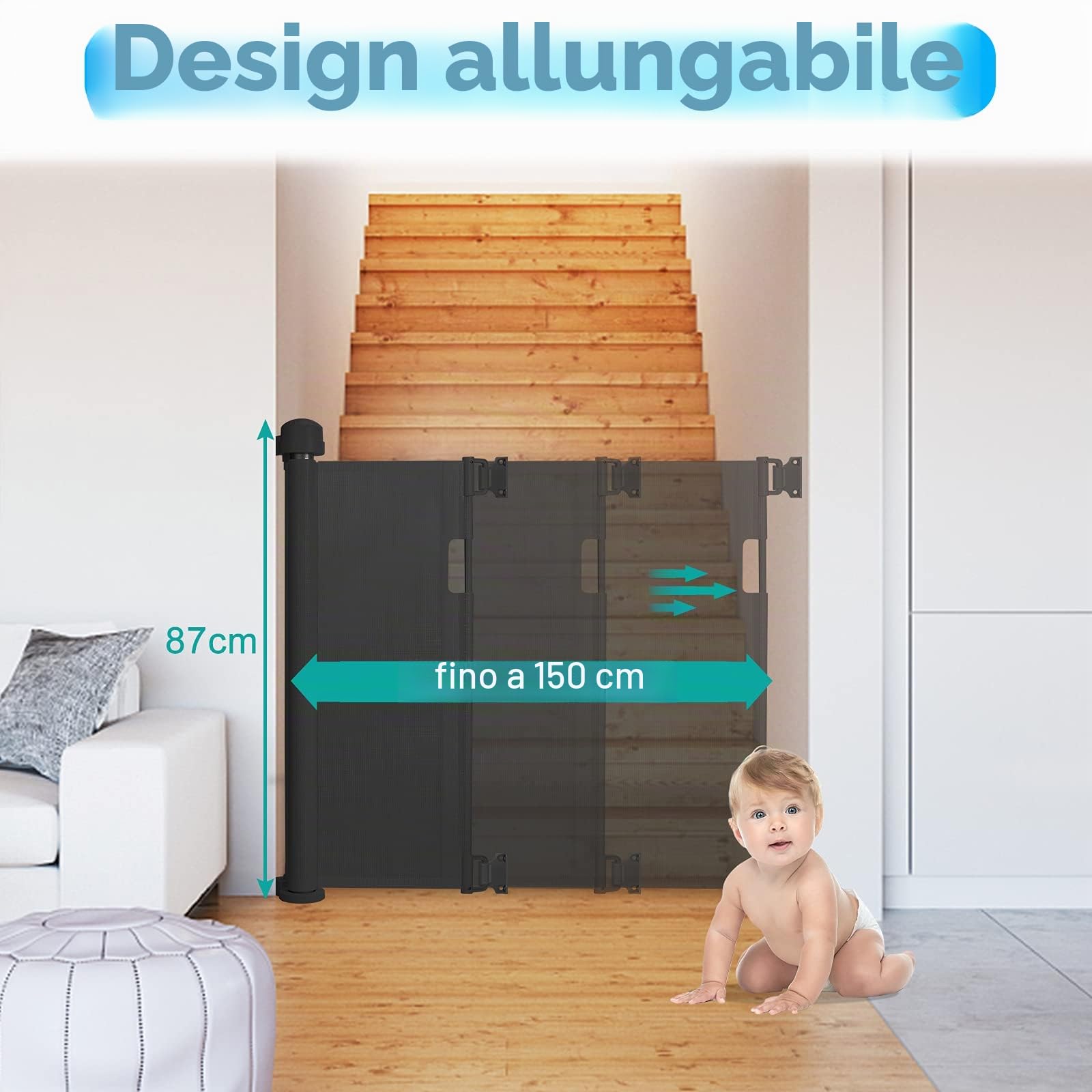 NAIZY Cancelletto di Sicurezza a Scomparsa 0-150cm per Porte/Scale Interni ed Esterni - Nero