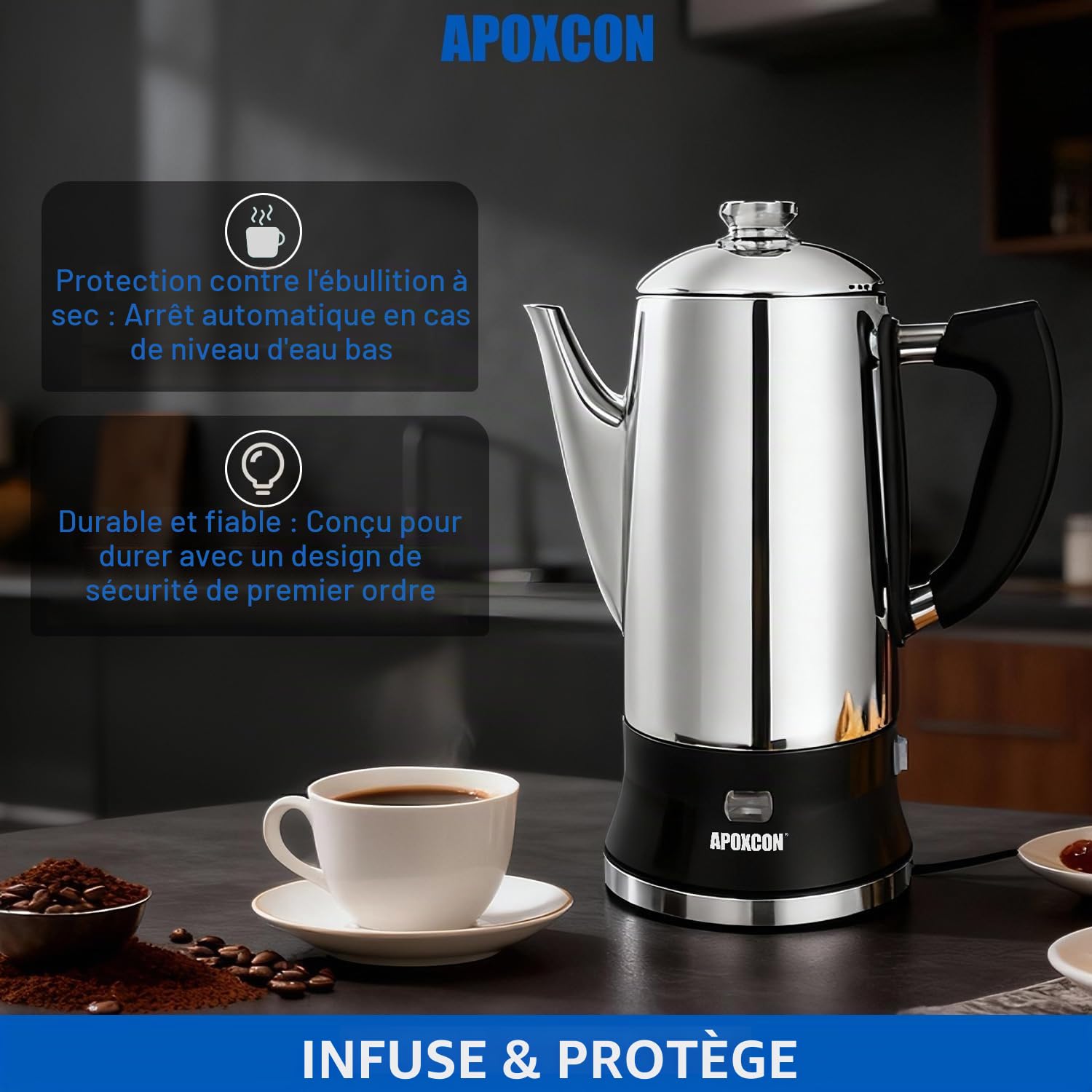 APOXCON Percolateur électrique 12 tasses - Acier inoxydable, bouton en verre et fonction maintien au chaud. Base amovible sans fil