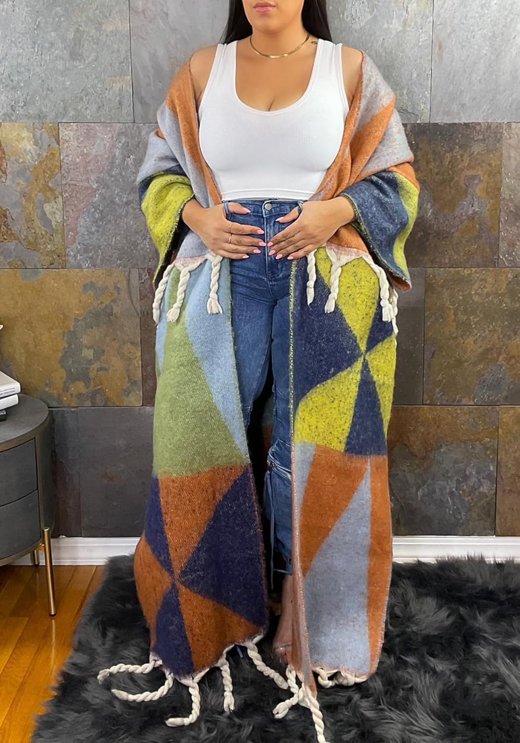 Unybwonn Women Long Open Front Sweater Cardigan Fringe Color Block Maxi Cardigans Plus Size Tassel Poncho Wrap Sweaters - Image 4