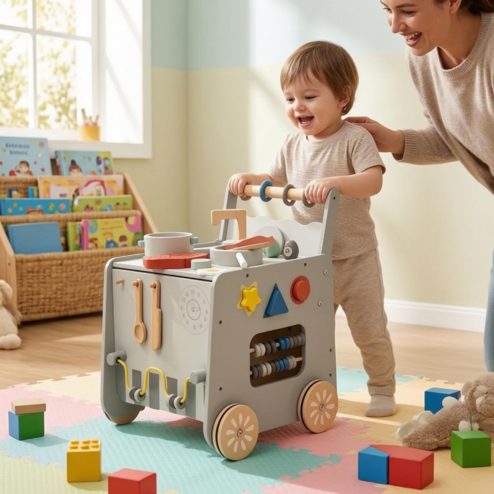 Carrello Educativo Bambini Giocattolo Cucina Carrello Attività Carro Spinta Legno Struttura Equilibrata Ganci Appendi Utensili Laterali