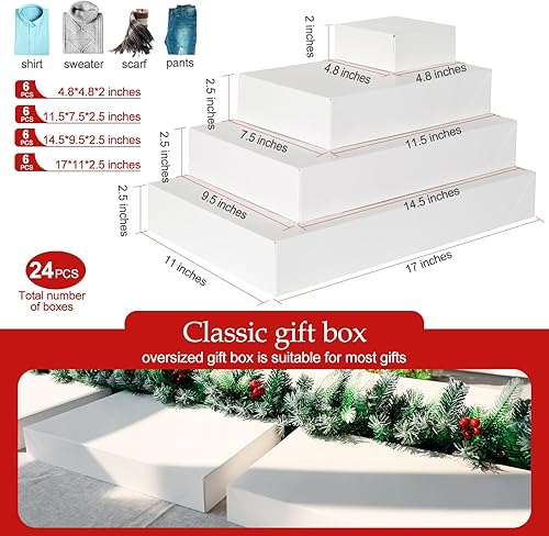 Miniatura 2 de joyhalo Paquete de 24 cajas de regalo con tapas para regalos, cajas de regalo blancas pequeñas y grandes de Navidad a granel para ropa con cinta y