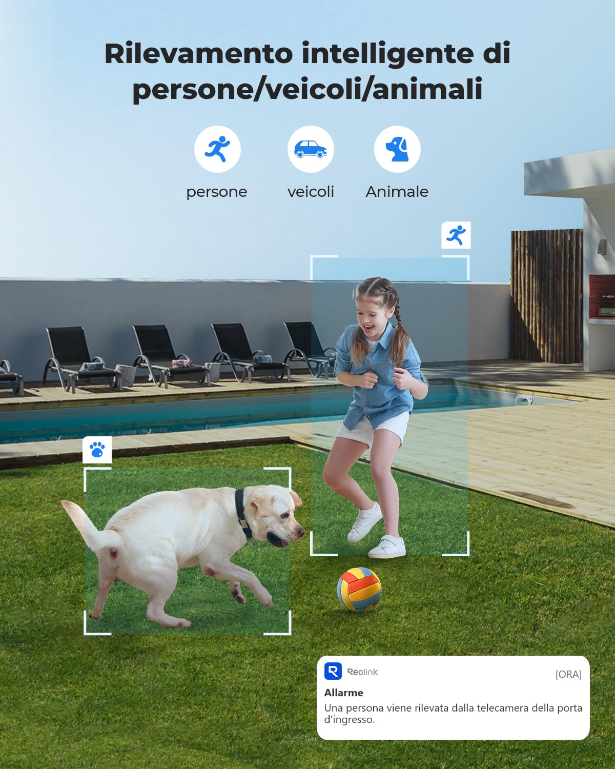 Reolink 4K PoE Telecamera Esterno, 5X Zoom Ottico, IK10 Antivandalo, Audio Bidirezionale, Faretti per Visione Notturna a Colori, Rilevamento di Persona/Veicolo/Animale, Time-Lapse, RLC-843A