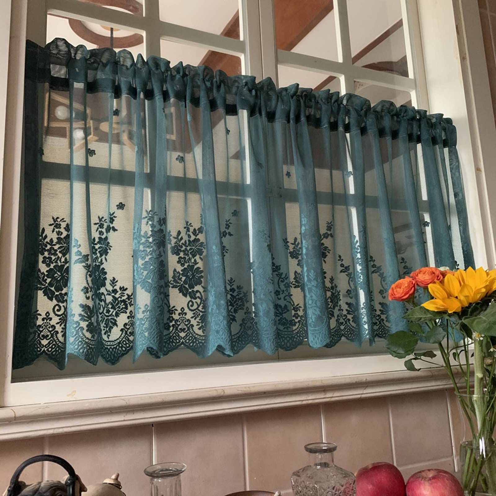 A.Monamour Corta Voile Trasparente Verde Scuro Con Ricamo Floreale - Tenda per Finestra Piccola, Cucina, Bistrot, Caffè - Mezza Mantovana a Pannello per Porta