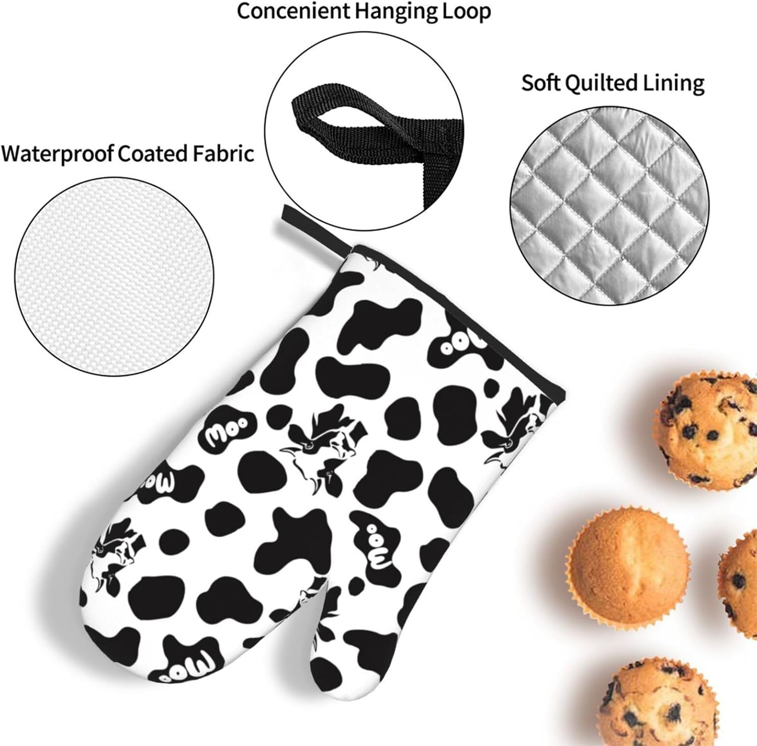 Cow Print Oven Mitts and Pot Holders Sets Heat Resistant for Kitchen BBQ Microwave Baking Grilling Cooks Set of 3 Black White Kitchen Oven Glove - Image 5