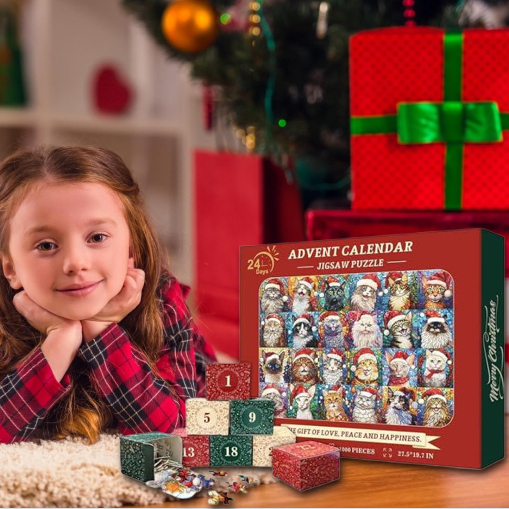 Calendario de adviento de Navidad 2024, 1000 piezas Puzzle de calendario de adviento de gato navideño, 24 días de cuenta regresiva de la familia Familia Game para niños adolescentes adultos..