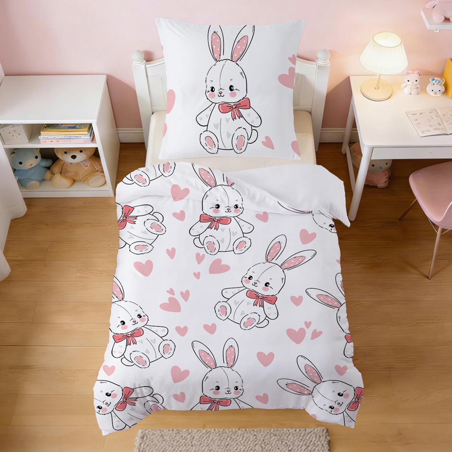 ROZTYLJ Girls' Cute Rabbit Duvet Cover Sets 120 x 150cm - Pale Pink Toddler Bedding, Soft Microfibre Duvet Cover with Zip + 1 Pillowcase 40 x 60cm