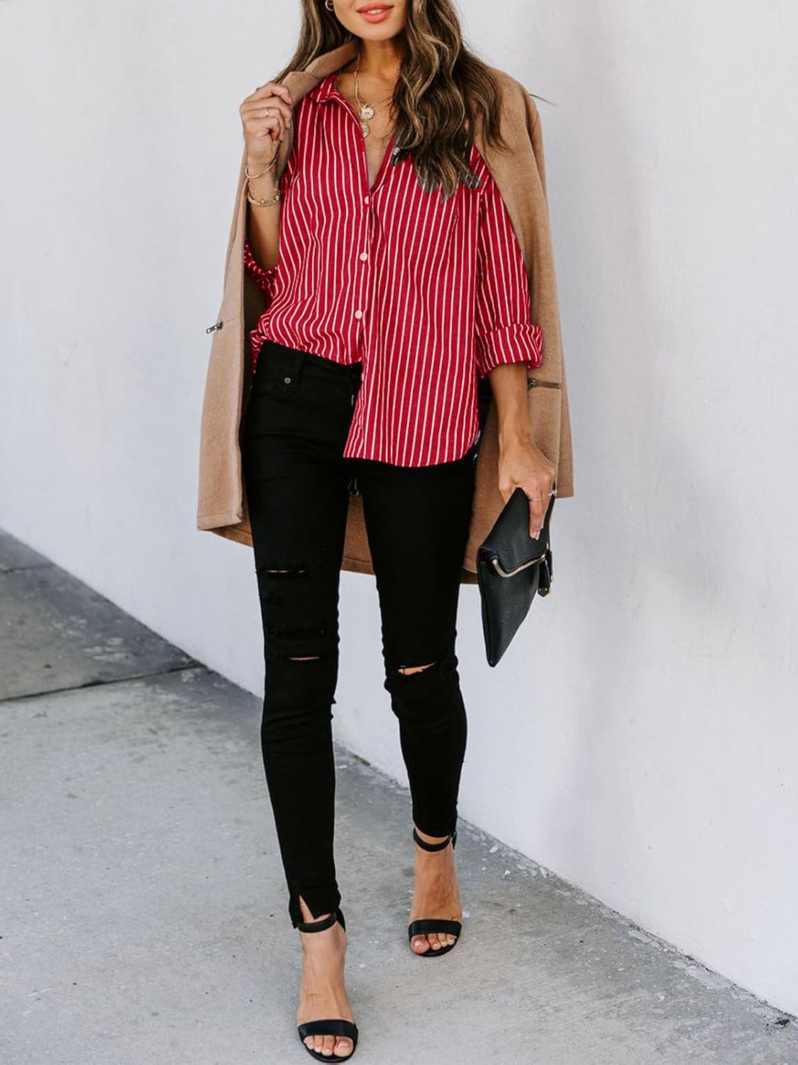 Womens Button Down Shirts Cotton Striped Dress Shirt Long Sleeve Collared Office Work Pinstripes Blouses Tops - Image 5