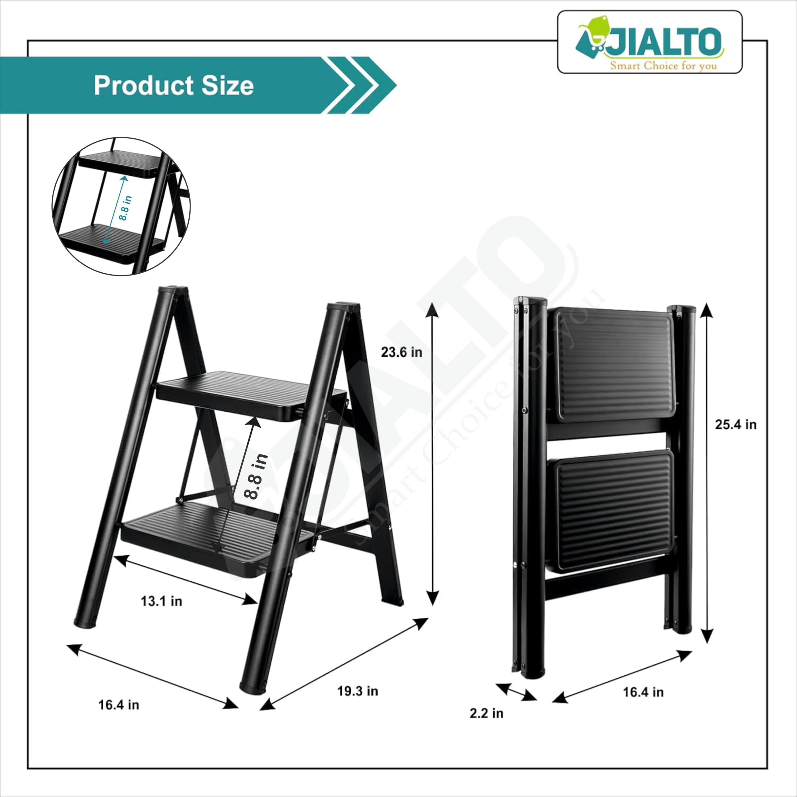 JIALTO 2 Step Metal Ladder for Home, Foldable Lightweight Stepping Stool with Wide Pedals, Anti Slip Heavy Duty 150 Kg Capacity, Portable for Kitchen, Office & Library (Black) — Amazon image 2
