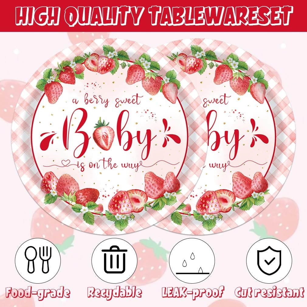 40pcs Strawberry Birthday Decorations Fruit Paper Plates Napkins for Summer Sweet One 1st Baby Shower Berry First Strawberry Themed Party Supplies,,Suitable for 20 Guests - Image 3