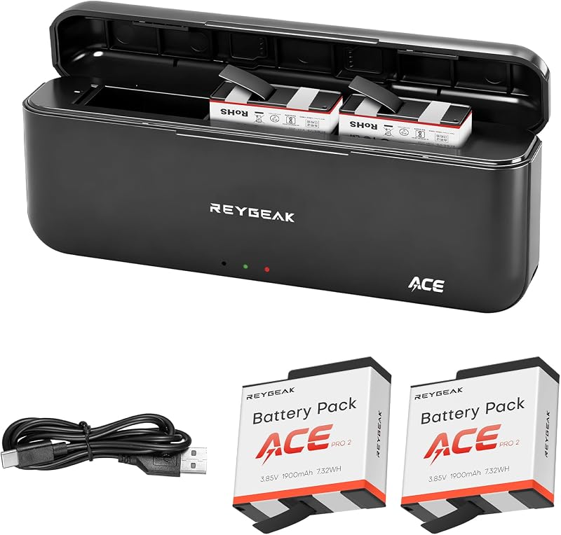 REYGEAK Battery and Charger for Insta360 Ace Pro 2/Ace Pro,2 Pack 1900mAh Batteries Charger Set with Triple Charging Slots,Compatible with Insta360 Ace/Ace Pro Action Camera