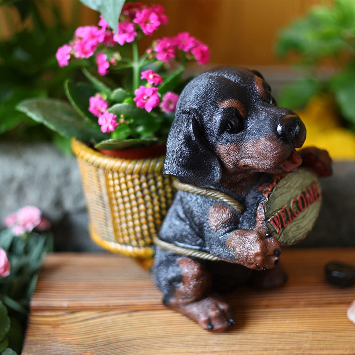 Sculptures de jardin en résine avec pot de fleur chiot et carte de bienvenue pour extérieur