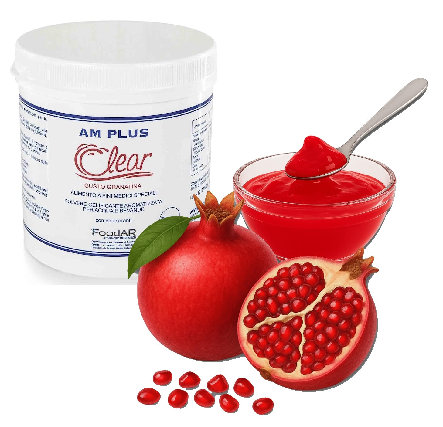 AM CLEAR, Acqua Gelificata, Polvere per 55 Vasetti da 125g, Gusto Granatina