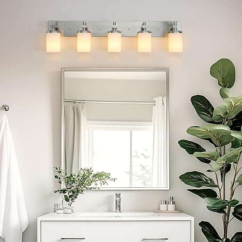 Miniatura 4 de LOUSACE Lámparas de baño sobre espejo de níquel cepillado, 5 luces de tocador de baño con pantallas de vidrio blanco ópalo, apliques de pared