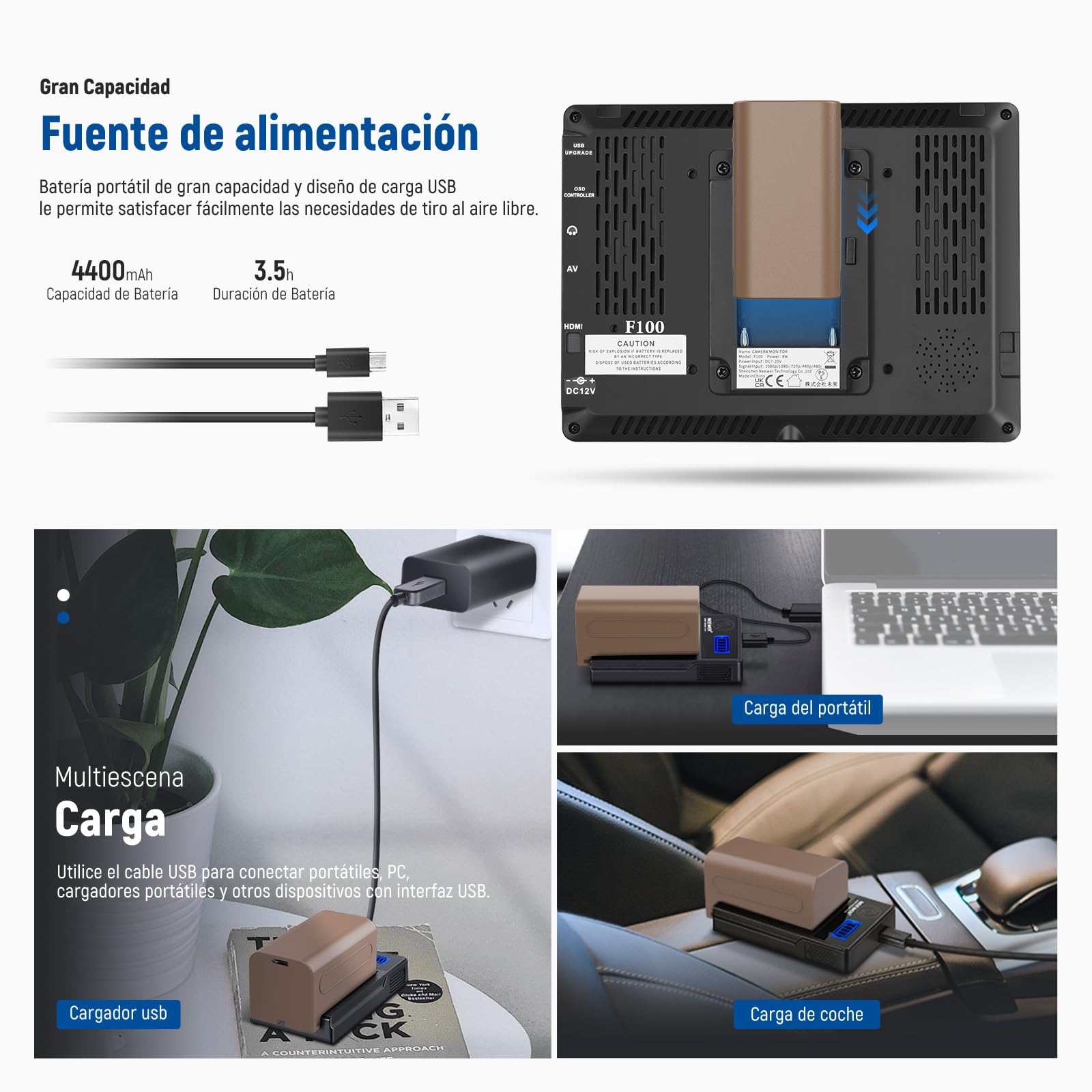 NEEWER Monitor de Campo de cámara F100 de 7 Pulgadas, Asistencia de Video HD de 450 nits, IPS 1280 x 800 HDMI 1080p con Enfoque máximo/histograma/batería F750, Cabezal de Bola de 360° para cámaras