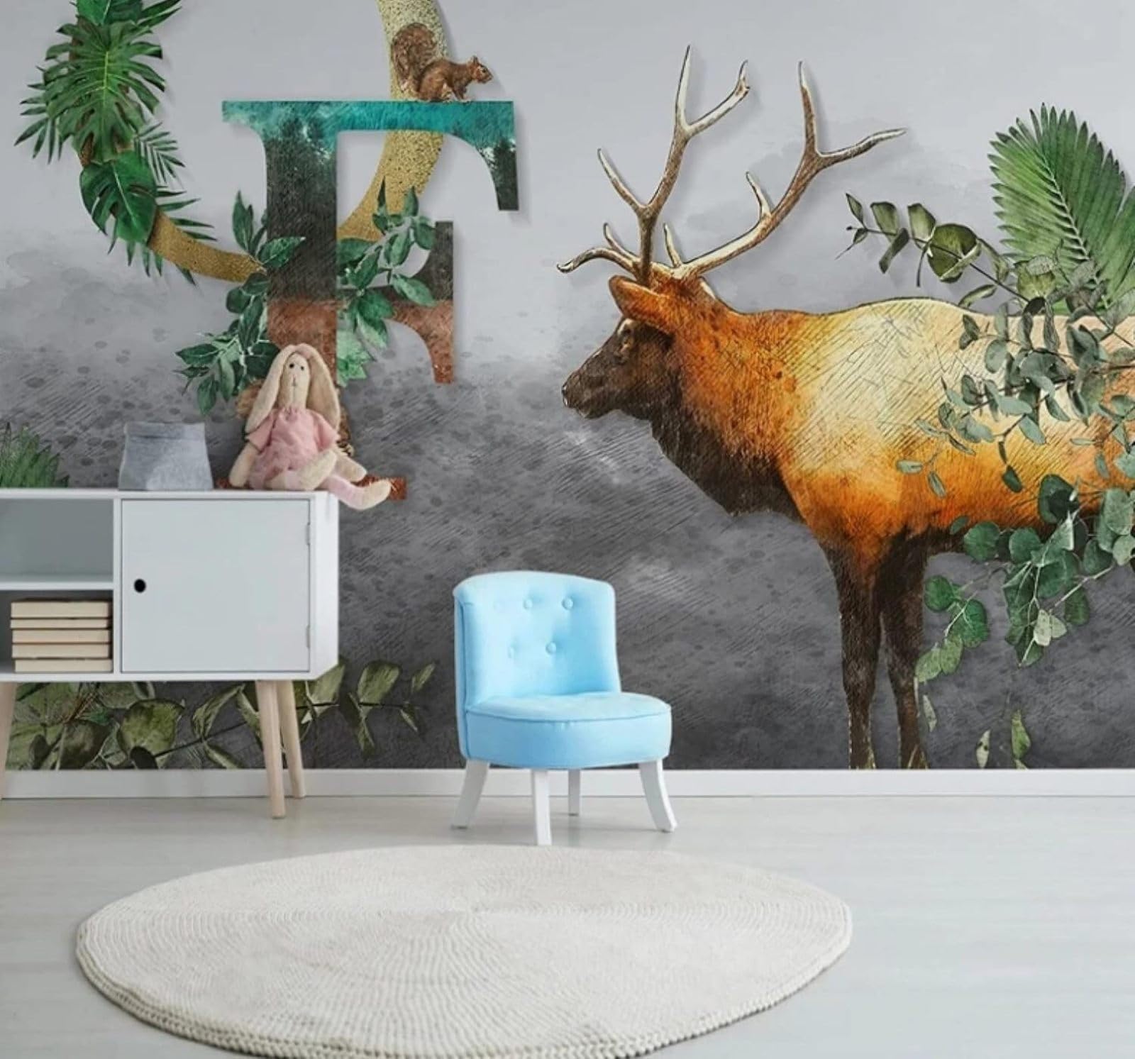 Cartoon Hand Drawn Animals Reindeer Green Leaves 3D Wallpaper Easy Install Feature Office Living Room Sofa Bedroom TV Background Wall Decoration-350cm×256cm