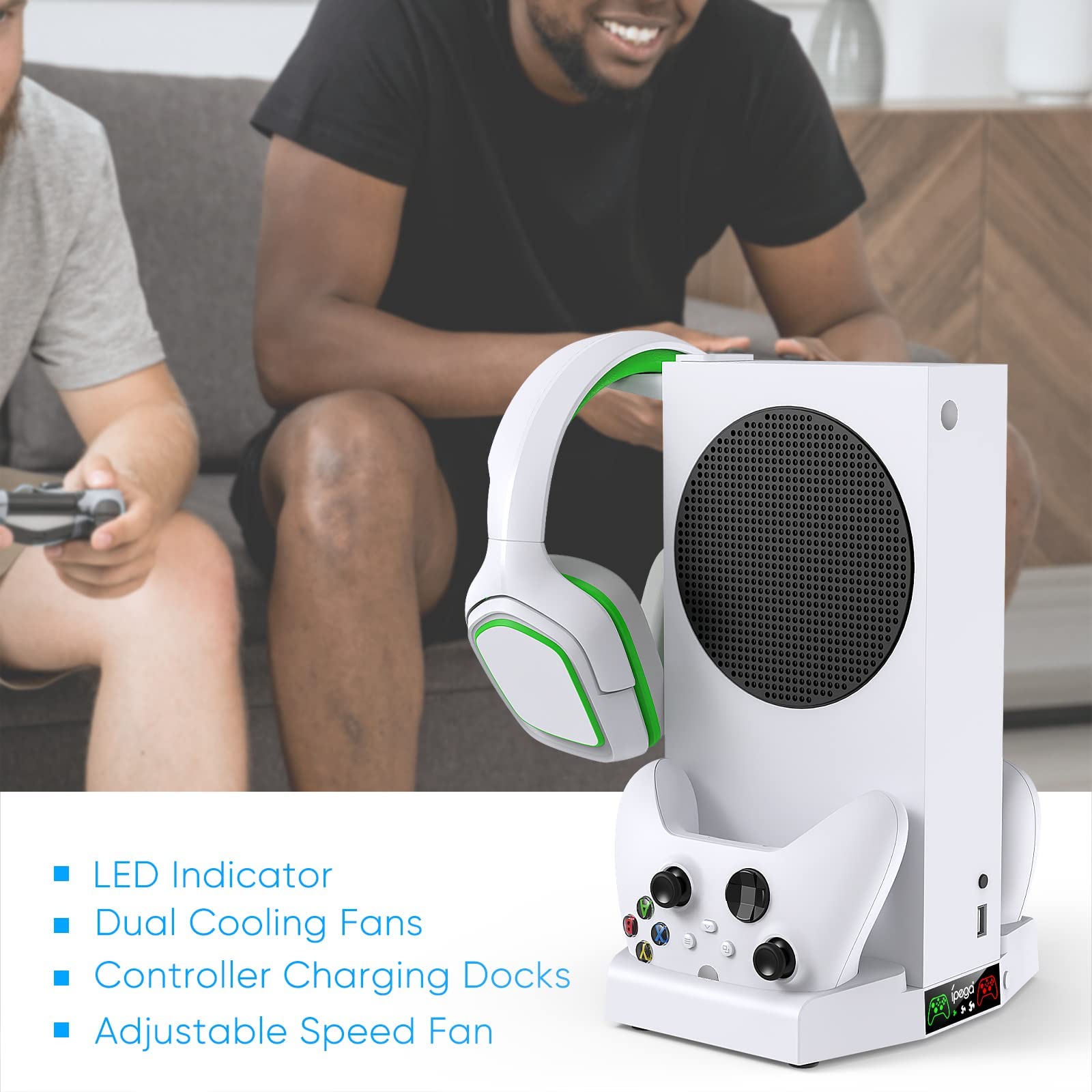 FYOUNG Vertikaler Kühlständer mit Sauglüfter & Dual-Controller-Ladestation für Xbox Serie S, Kühlstation mit 3-stufig einstellbarem Kühlsystem, Headset-Ständer und extra USB-Anschlüssen