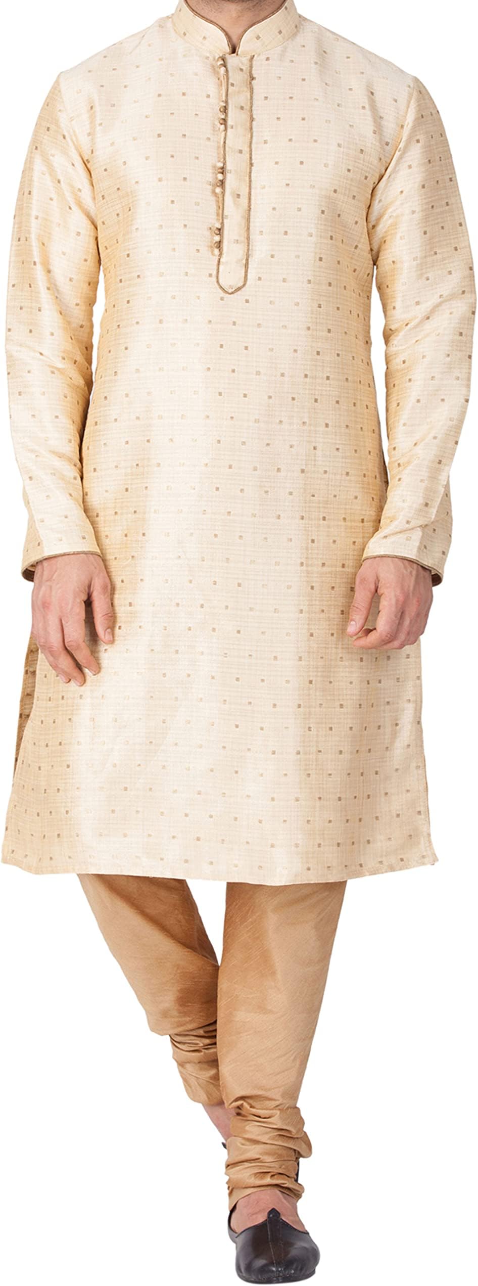 VASTRAMAY Men Silk Blend Solid Vm Egyptian Kurta Pyjama Set - Classic Ethnic Attire For Timeless Style And Cultural Celebrations | Jacquard Woven Zari Work With Shimmer Piping Full Sleeves Kurta
