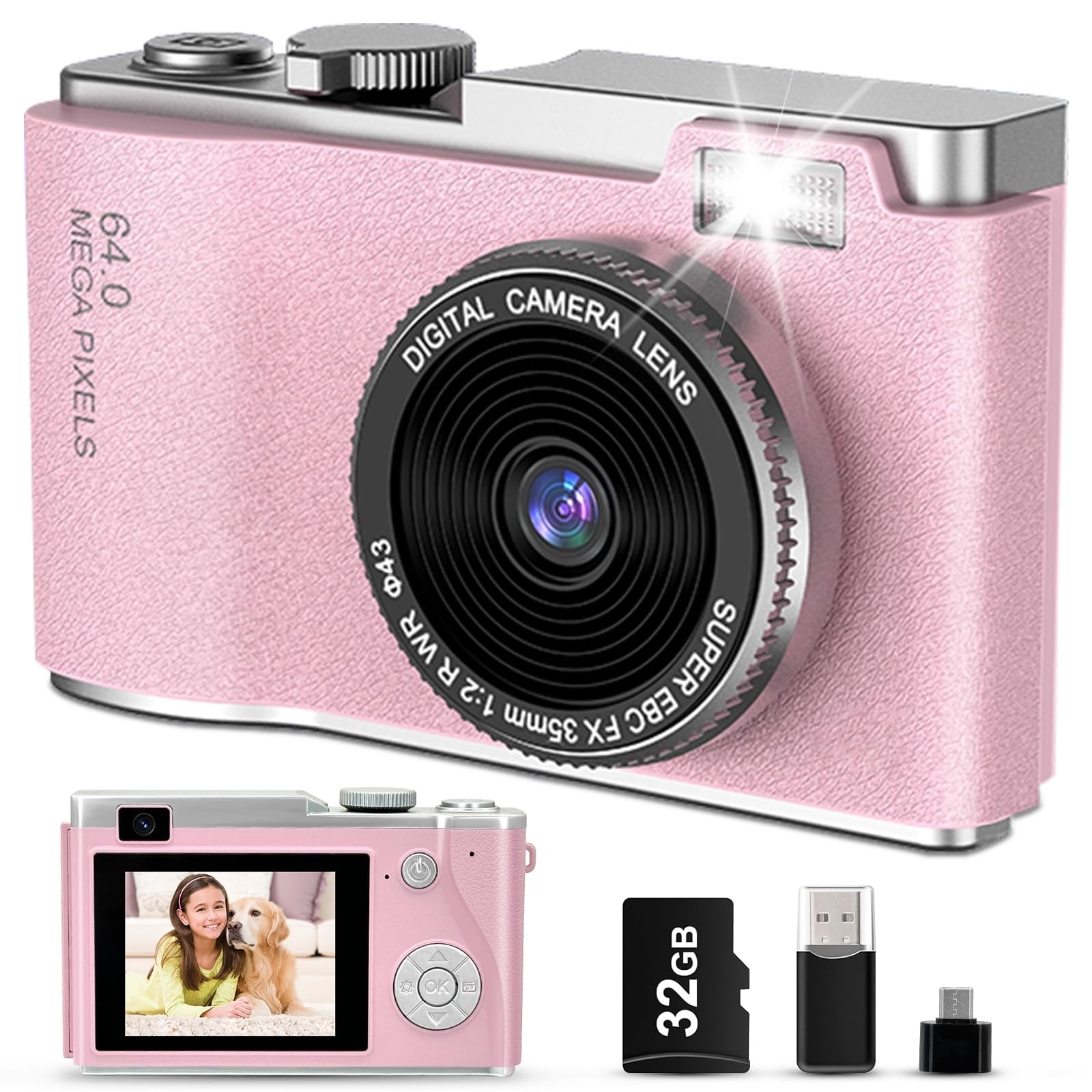 AKOFIC Kids Digital Camera - 1080P HD 2.4 Inch Screen, 20MP Dual Lens Selfie/Video With 32GB Card for 3-12 Years Old Girls Boys