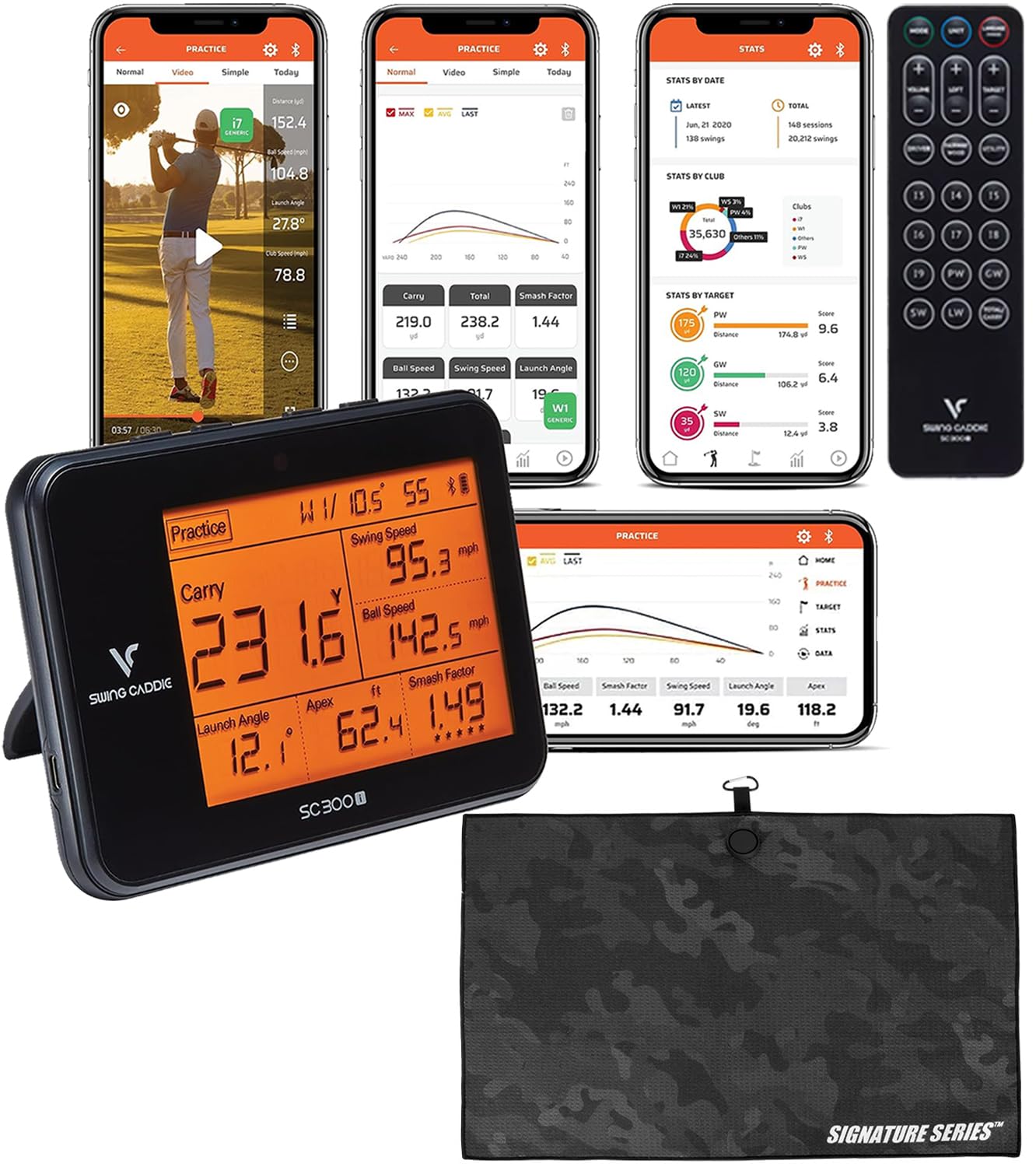 Voice Caddie SC300i Golf Course GPS Launch Monitor with 6 Data Parameters - Real-Time Data Tracking, Bright 5.3" LCD Display with Voice Output, Indoor and Outdoor and Signature Series Towel Bundle
