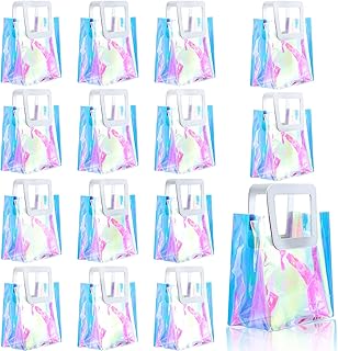 15 Pcs Reusable Holographic Small Gift Bags with Handle 8.3'x8'x4' Iridescent Bachelorette Party Favor Bags Clear PVC Tote Goodie Bags for Shopping, Picnic, Baby Shower, Wedding, Holidays