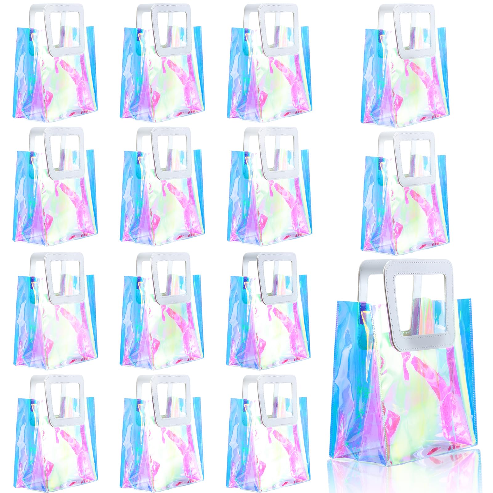 GcFoir Small Iridescent Gift Bags with Handles,15 Pcs 8.3''x8''x4'' Holographic Bachelorette Party Favor Bags, Clear Gift Bags with Handles, Reusable
