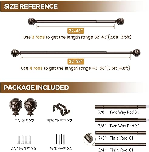 Miniatura 8 de KAMANINA Barra de cortina individual de 32 a 58 pulgadas (2.6-4.8 pies), barra de cortina ajustable de bronce antiguo de 78 pulgadas para ventanas,