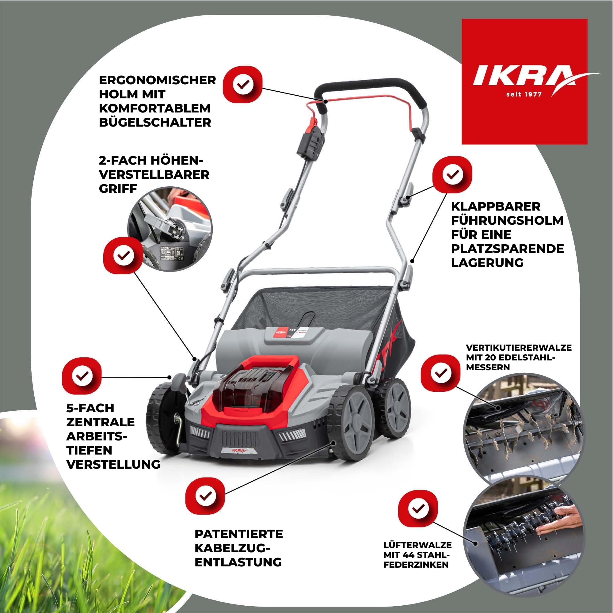 IKRA 3in1 Vertikutierer Rasenlüfter IB-SR 36, ohne 36V Akku & Ladegerät | Kompatibel mit Bosch, Fangkorb 45l, Arbeitsbreite 36cm, Tiefe -12 bis +10mm, 2-fach höhenverstellbarer Griff, klappbarer Holm